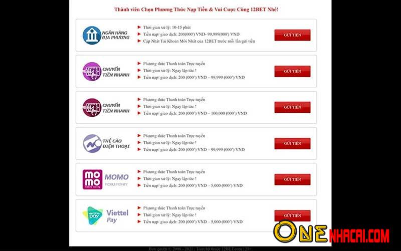 Các hình thức thanh toán tại 12Bet