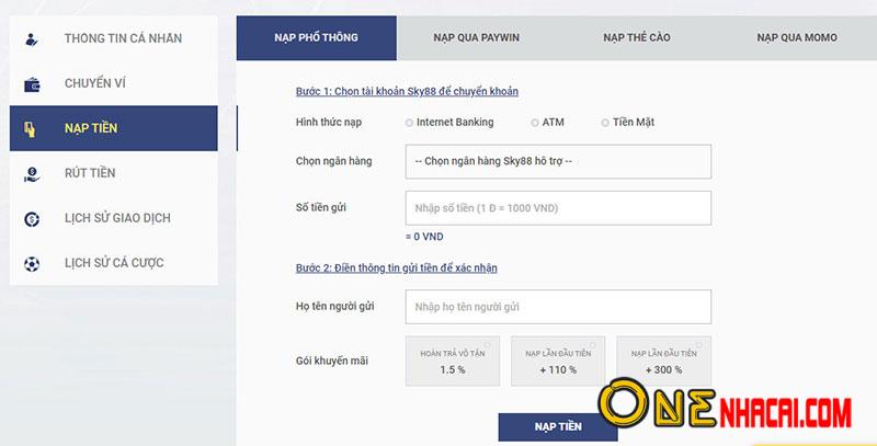 Nạp tiền tại nhà cái Sky88