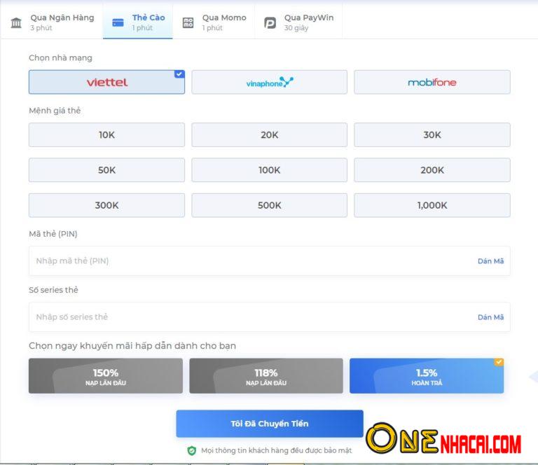 Nạp qua thẻ cào tại nhà cái One88